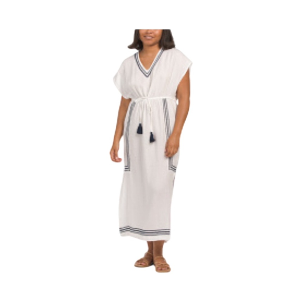 Rachel Zoe Sz Small White Navy‎ Embroidered  Kaftan Coverup Swim NWOT